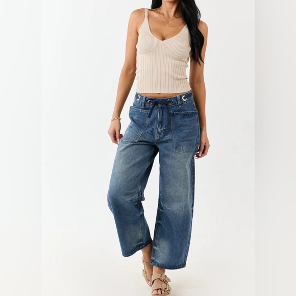 NWT Very J Dark Wash Rope Drawstring Belted Barrel Horseshoe Denim Jeans Pants - Picture 1 of 6